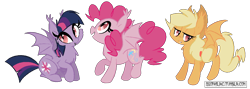 Size: 1200x429 | Tagged: safe, artist:adurot, artist:egophiliac, applejack, pinkie pie, twilight sparkle, bat pony, pony, bedroom eyes, fangs, looking at you, looking up, race swap, raised hoof, raised leg, simple background, smiling, spread wings, transparent background