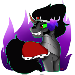 Size: 729x731 | Tagged: safe, artist:warmsoup, derpibooru import, king sombra, pony, unicorn, armor, curved horn, dark magic, fangs, grin, magic, simple background, smiling, solo, sombra eyes, transparent background