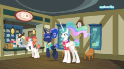Size: 600x338 | Tagged: safe, screencap, derpy hooves, princess celestia, princess luna, rainbow stars, alicorn, pony, between dark and dawn, alternate hairstyle, animated, barehoof, cartoonito logo, clock, clothes, cute, eyes closed, eyeshadow, female, flower shirt, hair bun, hawaiian shirt, lunabetes, mail, makeup, mare, post office, shirt, tail bun, that pony sure does love the post office, trotting, trotting in place