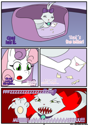 Size: 1226x1742 | Tagged: safe, artist:otakon, opalescence, rarity, sweetie belle, anthro, comic:the belle and the fat, :<, :o, angry, claws, comic, dialogue, fangs, female, glare, lesbian, letter, love letter, open mouth, patreon, raribelle, sad, sharp teeth, shipping, teeth, unhappy
