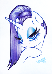 Size: 1588x2238 | Tagged: safe, artist:dubstepina, rarity, pony, unicorn, alternate hairstyle, beauty mark, ear piercing, earring, jewelry, lidded eyes, piercing, solo, traditional art