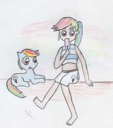 Size: 1172x1332 | Tagged: safe, artist:foxy1219, derpibooru import, rainbow dash, human, barefoot, belly button, feet, humanized, midriff, traditional art