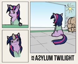 Size: 1022x840 | Tagged: safe, artist:dreamingnoctis, derpibooru import, twilight sparkle, pony, unicorn, fanfic:asylum, ask asylum twilight, asylum, clothes, horn cap, magic suppression, solo, tumblr