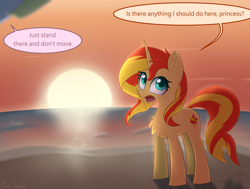 Size: 2175x1643 | Tagged: safe, artist:puetsua, sunset shimmer, pony, unicorn, equestria girls, chest fluff, female, looking back, mare, namesake, open mouth, pun, speech bubble, sun, sunset, sunshine shimmer, visual pun