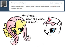 Size: 637x463 | Tagged: safe, fluttershy, nurse redheart, pegasus, pony, ask, female, implied wingboner, mare, tumblr, wingboner