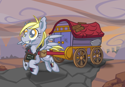 Size: 3290x2289 | Tagged: safe, artist:cazra, derpy hooves, ditzy doo, ghoul, pegasus, pony, fallout equestria, fanfic, fanfic art, female, grin, hooves, mare, road, saddle bag, smiling, solo, spread wings, wagon, wasteland, wings