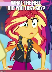 Size: 500x687 | Tagged: safe, edit, edited screencap, screencap, sci-twi, sunset shimmer, twilight sparkle, better together, equestria girls, rollercoaster of friendship, cropped, geode of empathy, magical geodes, meme, messy hair, solo focus