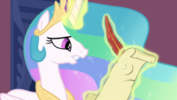 Size: 1280x720 | Tagged: safe, screencap, princess celestia, alicorn, pony, the crystal empire, feather, glowing horn, magic, quill, telekinesis, worried, writing