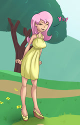 Size: 786x1229 | Tagged: safe, artist:dragomyr, fluttershy, human, sonic rainboom (episode), clothes, dress, humanized, light skin, scene interpretation, solo, yay