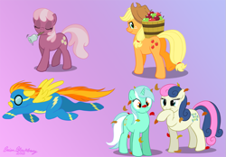 Size: 1003x700 | Tagged: safe, artist:brianblackberry, applejack, bon bon, cheerilee, lyra heartstrings, spitfire, sweetie drops, earth pony, pony, apple, bell, bucket, flying, leaves, mouth hold, simple background