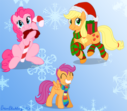 Size: 763x666 | Tagged: safe, artist:brianblackberry, applejack, pinkie pie, scootaloo, earth pony, pony, candy cane, clothes, leg warmers, scarf, simple background
