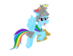 Size: 4400x3400 | Tagged: safe, artist:pegaplex, derpibooru import, flash magnus, rainbow dash, pony, campfire tales, armor, clothes, cosplay, costume, equestria daily, female, helmet, netitus, shield, simple background, solo, white background