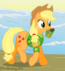 Size: 445x486 | Tagged: safe, artist:brianblackberry, applejack, earth pony, pony, winter wrap up, bottomless, clothes, female, mare, mouth hold, partial nudity, plant team, seeds, snow, solo, vest, walking, winter wrap up vest