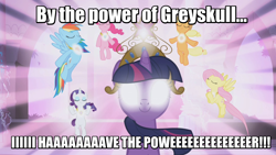 Size: 1280x720 | Tagged: safe, derpibooru import, screencap, applejack, fluttershy, pinkie pie, rainbow dash, rarity, twilight sparkle, earth pony, pegasus, pony, unicorn, elements of harmony, he-man, image macro, mane six, meme, the elements in action