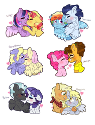 Size: 1280x1691 | Tagged: safe, artist:romania-lanslide, applejack, cheese sandwich, derpy hooves, fluttershy, lily blossom, pinkie pie, rainbow dash, rarity, soarin', sunset shimmer, thunderlane, twilight sparkle, twilight sparkle (alicorn), alicorn, earth pony, pegasus, pony, unicorn, cheesepie, derpyjack, female, flutterblossom, lesbian, male, rarilane, shipping, simple background, soarindash, straight, sunsetsparkle, transparent background