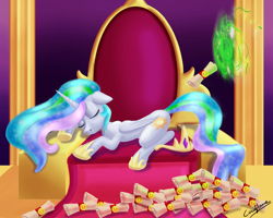 Size: 5000x4000 | Tagged: safe, artist:coco-flame, princess celestia, alicorn, pony, absurd resolution, green fire, lazy, portal, prone, scroll, sleeping, solo, throne