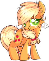 Size: 521x637 | Tagged: safe, artist:suzuii, applejack, earth pony, pony, cute, ear fluff, fluffy, hatless, jackabetes, looking at you, missing accessory, shy, simple background, smiling, solo, transparent background