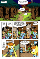 Size: 1024x1537 | Tagged: safe, artist:leon-z, derpibooru import, applejack, rainbow dash, oc, oc:bee broom, oc:saguaro root, earth pony, pegasus, pony, comic:appledash sour sweetness, :o, appledash, apron, bottomless, clothes, comic, eye contact, eyes closed, female, floppy ears, frown, glare, house, lesbian, open mouth, partial nudity, question mark, raised eyebrow, shipping, shirt, sweat, unamused, wide eyes