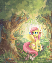 Size: 2480x2970 | Tagged: safe, artist:katyand, fluttershy, bird, pegasus, pony, painting, scenery