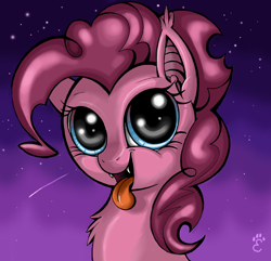 Size: 2268x2185 | Tagged: safe, artist:yellowrobin, pinkie pie, bat pony, pony, bust, fangs, portrait, solo, tongue out