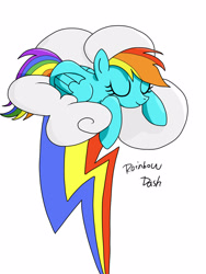 Size: 1200x1600 | Tagged: artist needed, safe, derpibooru import, rainbow dash, pegasus, pony, cloud, cute, eyes closed, female, lightning, lying on a cloud, mare, prone, rainbow, rainbow dash's cutie mark, simple background, sleeping, sleepydash, solo, white background