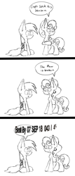 Size: 900x2103 | Tagged: safe, artist:machstyle, carrot top, derpy hooves, golden harvest, earth pony, pegasus, pony, black and white, comic, derp, funny, grayscale, meme, monochrome, sitting, sketch