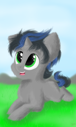 Size: 768x1280 | Tagged: safe, artist:vela112dkl, derpibooru import, king sombra, pony, unicorn, chest fluff, colt, colt sombra, cute, fluffy, foal, good king sombra, grass, looking up, male, open mouth, prone, smiling, solo, sombradorable