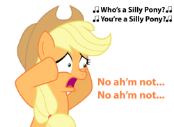 Size: 2422x1772 | Tagged: safe, artist:vincentthecrow, applejack, earth pony, pony, accent, applejack's hat, cowboy hat, denial, despair, female, hat, mare, mental breakdown, sad, silly, silly pony, solo, stressed, text, vtc's wacky vectors, who's a silly pony