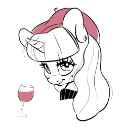 Size: 1260x1296 | Tagged: safe, artist:chef j, rarity, pony, unicorn, alcohol, beatnik rarity, beauty mark, beret, bust, clothes, ear piercing, earring, hat, jewelry, piercing, portrait, simple background, solo, wine