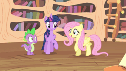 Size: 576x324 | Tagged: safe, derpibooru import, screencap, fluttershy, spike, twilight sparkle, twilight sparkle (alicorn), alicorn, dragon, pegasus, pony, three's a crowd, animated, cute, female, male, mare, shyabetes, trotting, trotting in place