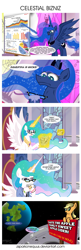 Size: 1675x5200 | Tagged: safe, artist:zsparkonequus, applejack, princess celestia, princess luna, alicorn, earth pony, pony, advertisement, billboard, chart, clothes, coffee cup, comic, cup, diagram, female, flipchart, glasses, glowing horn, hoof hold, magic, mare, misspelling, moon, mug, newspaper, pie chart, planet, pointer, pointing, reading, request, royal sisters, statistics, suit, telekinesis, your ad could be here