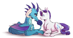 Size: 1707x902 | Tagged: safe, artist:seleniium, princess ember, rarity, dragon, pony, unicorn, bedroom eyes, emberity, eye contact, female, lesbian, looking at each other, mare, prone, shipping, simple background, smiling, white background