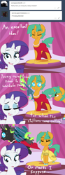 Size: 1280x3429 | Tagged: safe, artist:kryptchild, rarity, snails, oc, oc:doppel, changeling, pony, unicorn, comic:when aero met glitter, angry, ask, ask glitter shell, clothes, comic, crossdressing, dress, eyes closed, glitter shell, jewelry, looking at you, my little changeling, necklace, pearl, pearl necklace, red dress, run away, shoes, tail bow, tumblr