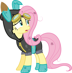 Size: 6000x6045 | Tagged: safe, artist:vladimirmacholzraum, fluttershy, pegasus, pony, .svg available, absurd resolution, bunny ears, clothes, costume, dangerous mission outfit, female, goggles, hoodie, mare, open mouth, simple background, solo, transparent background, vector