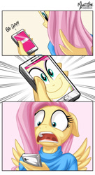 Size: 556x1024 | Tagged: safe, artist:mysticalpha edits, fluttershy, anthro, equestria girls, exploitable meme, fluttershy's phone, happyshy, meme, shocked