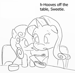 Size: 477x464 | Tagged: safe, anonymous artist, rarity, sweetie belle, behaving like a dog, cereal, cute, diasweetes, food, grayscale, horses doing horse things, kissing, licking, lineart, monochrome, rarity is a marshmallow, tongue out