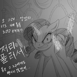 Size: 800x800 | Tagged: safe, artist:wookylee, rarity, pony, unicorn, korean, monochrome, solo, translation request