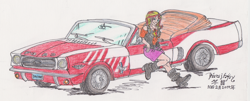 Size: 3090x1249 | Tagged: safe, artist:edhelistar, derpibooru exclusive, sunset shimmer, human, fanfic:continuity saga, better together, equestria girls, boots, car, clothes, collar, convertible, crossover, fanfic art, ford mustang, geode of empathy, high heel boots, human coloration, humanized, jacket, kanji, leather, leather jacket, looking at you, magical geodes, miniskirt, override, pun, reclining, shoes, signature, simple background, skirt, species swap, spiked collar, tengwar, traditional art, transformers, visual pun, white background