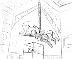 Size: 1700x1400 | Tagged: safe, artist:supermeatbrony, rarity, pony, unicorn, bodysuit, mission impossible, monochrome, solo, suspended