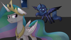 Size: 1024x576 | Tagged: safe, artist:despotshy, princess celestia, princess luna, alicorn, pony, crying, dark magic, magic, night, royal sisters