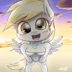 Size: 1900x1900 | Tagged: safe, artist:phoenixrk49, derpy hooves, anthro, beach, bikini, blushing, clothes, cute, derp, derpabetes, leaning forward, signature, solo, spread wings, sunset, swimsuit, white swimsuit, wings