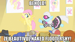 Size: 1067x600 | Tagged: safe, screencap, fluttershy, photo finish, earth pony, pegasus, pony, accent, female, image macro, impact font, mare, meme, photo finish insults, we don't normally wear clothes