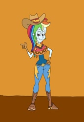 Size: 1561x2273 | Tagged: safe, artist:hunterxcolleen, derpibooru import, rainbow dash, human, equestria girls, belt, belt buckle, boots, clothes, cowboy boots, cowboy hat, cowgirl, cowgirl outfit, hat, humanized, jeans, looking at you, pants, poncho, shoes, stetson