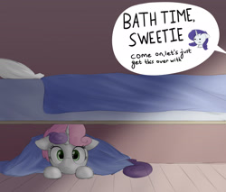 Size: 2000x1702 | Tagged: safe, artist:vanillaghosties, rarity, sweetie belle, pony, unicorn, bed, dialogue, hiding, newbie artist training grounds, offscreen character, pillow, speech bubble