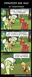 Size: 583x1371 | Tagged: safe, artist:drawponies, applejack, big macintosh, granny smith, earth pony, pony, clothes, comic, crossdressing, fake horn, fake wings, hilarious in hindsight, princess big mac, uniform