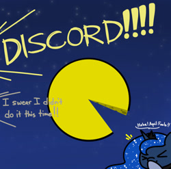 Size: 1280x1266 | Tagged: safe, artist:flutterluv, discord, princess celestia, princess luna, alicorn, pony, series:flutterluv's full moon, cheese, chibi, edible heavenly object, eyes closed, food, moon, offscreen character, pac-man, prank, smiling, solo focus