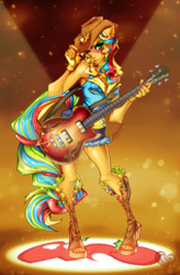 Size: 850x1293 | Tagged: safe, artist:jagg17, applejack, equestria girls, rainbow rocks, alternative cutie mark placement, armpits, facial cutie mark, guitar, solo, toenails, toes