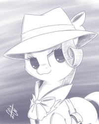 Size: 600x750 | Tagged: safe, artist:malwinters, rarity, pony, unicorn, clothes, coat, detective rarity, hat, sketch, solo