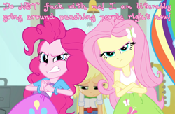 Size: 1280x833 | Tagged: safe, applejack, fluttershy, pinkie pie, a case for the bass, equestria girls, rainbow rocks, cards against equestria girls, cracking knuckles, vulgar