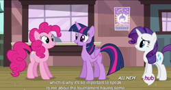 Size: 1152x610 | Tagged: safe, derpibooru import, screencap, pinkie pie, rarity, star swirl the bearded, twilight sparkle, twilight sparkle (alicorn), alicorn, earth pony, pony, unicorn, three's a crowd, female, mare, meme, youtube caption